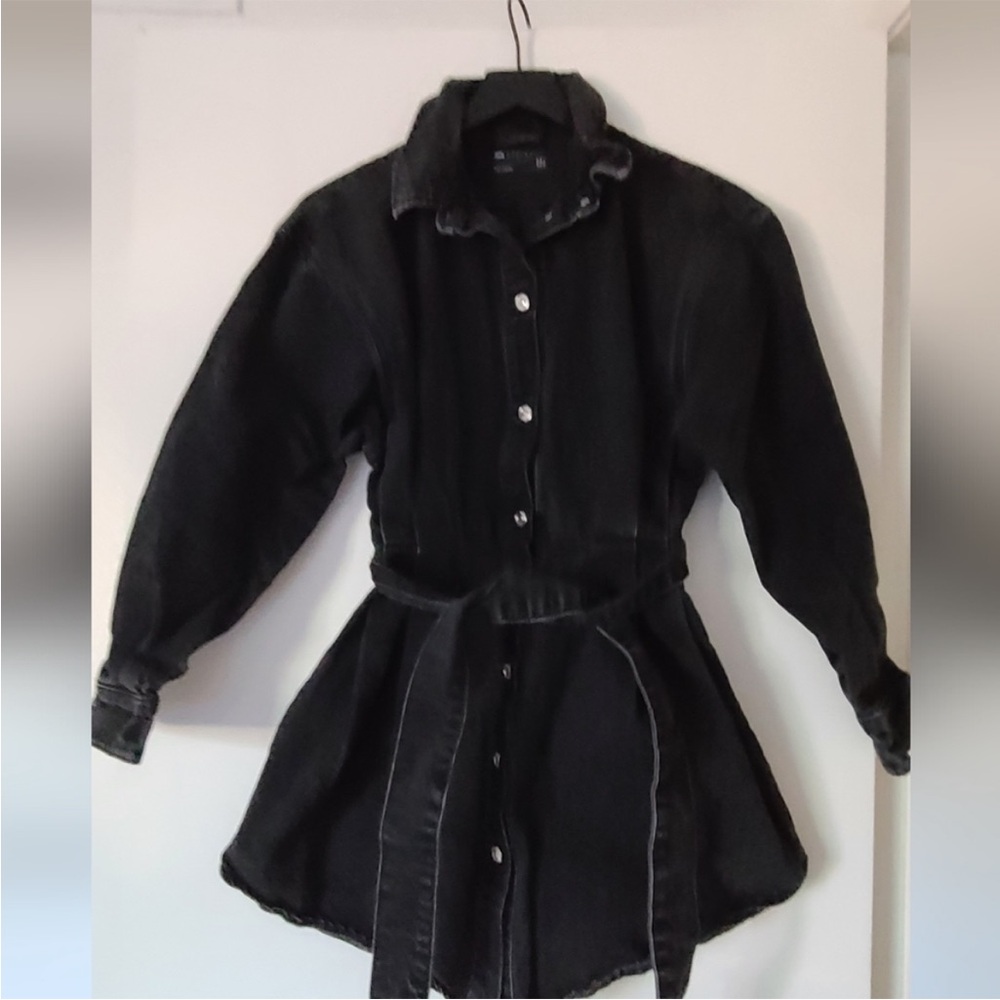 Black Button-Up Belted denim Dress